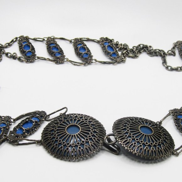 Vintage Metal Belt Filigree Chain Silver Blue OOAK Boho Hippie Ethnic - Picture 1 of 9